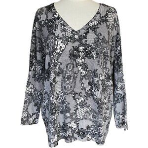Soma Faux Victorian Floral Lace Print Tunic Knit Top Lightweight Goth Neutral-L